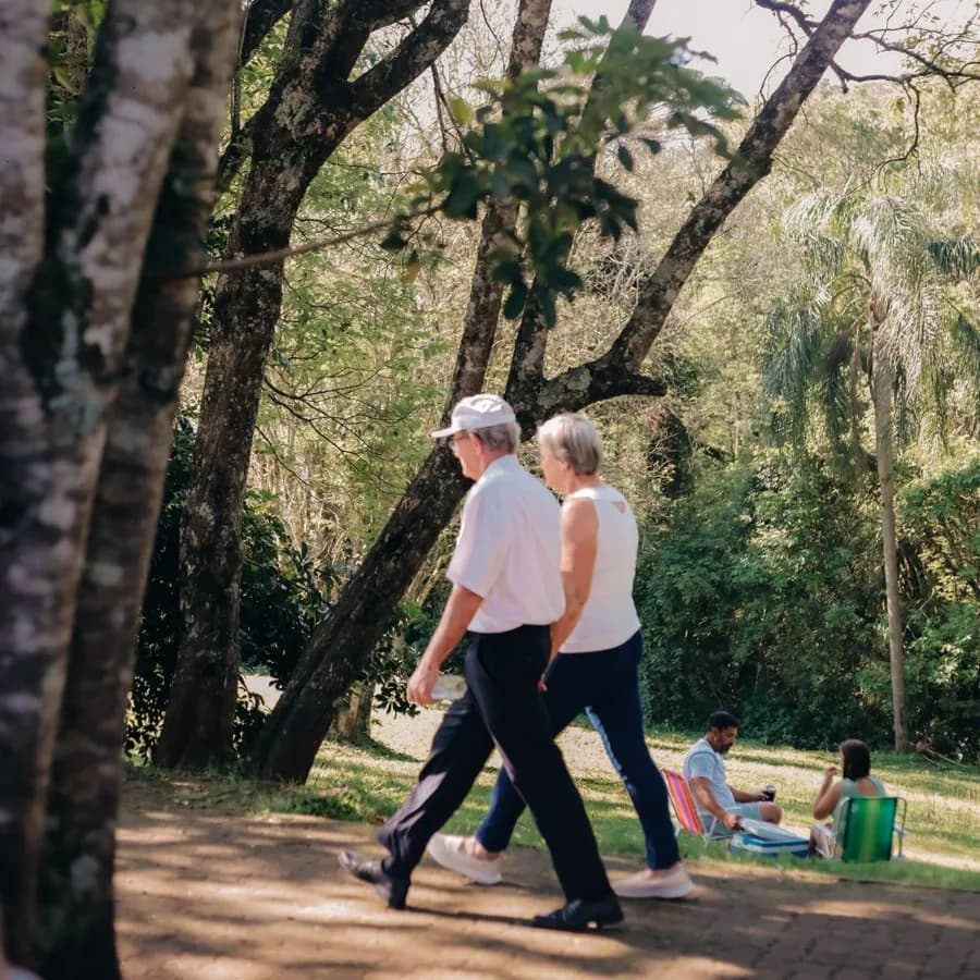 Casal de idosos caminhando em um parque